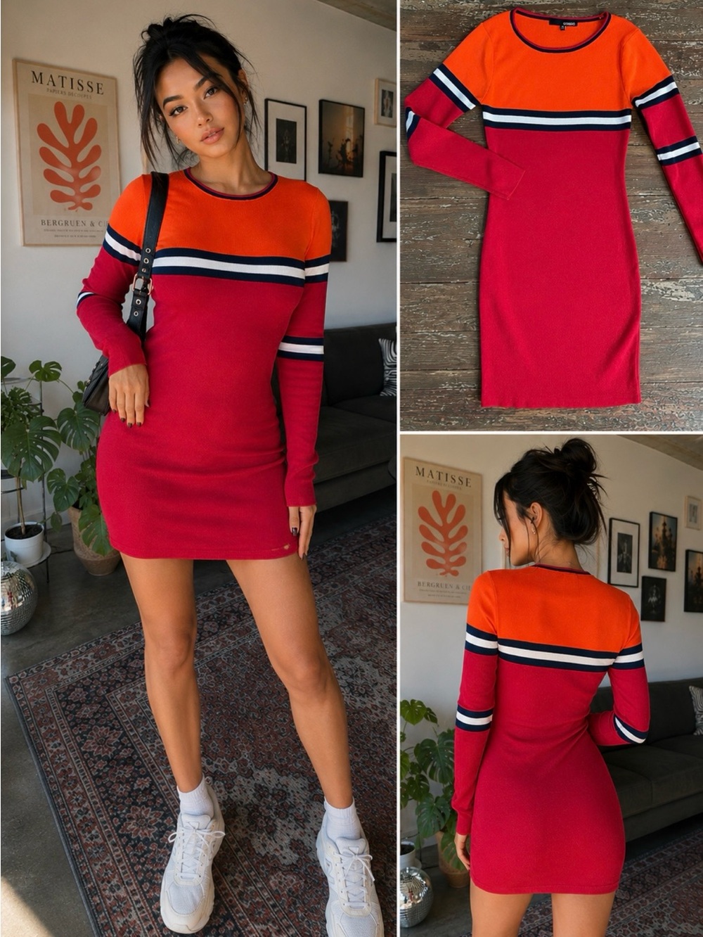 Codigo Y2K Colorblock Striped Sweater Knit Bodycon Dress Stretch Sz M 💚🎀